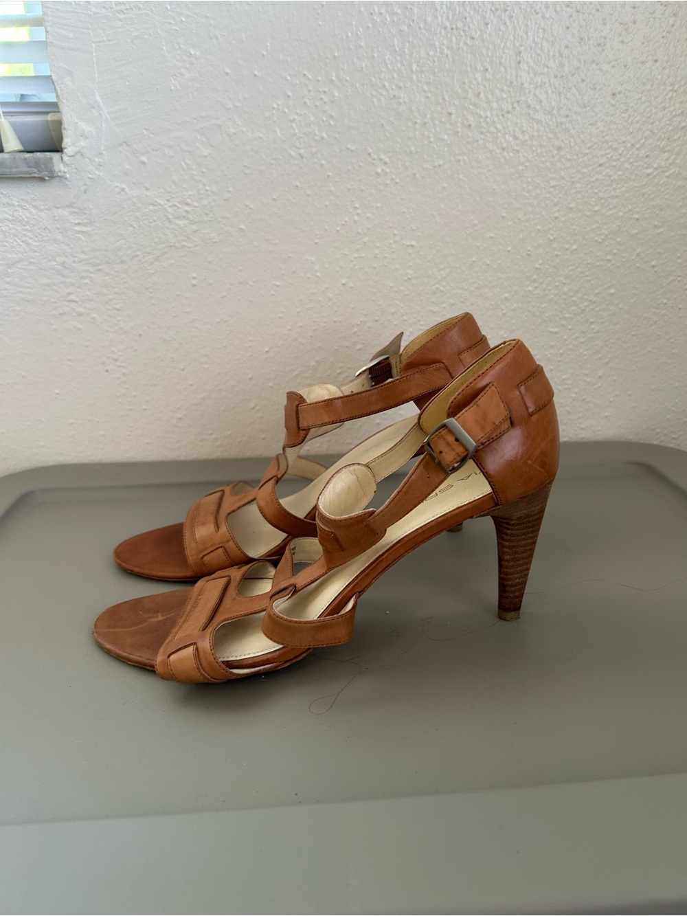 Via Spiga Cognac Leather Strappy High Heel Sandals